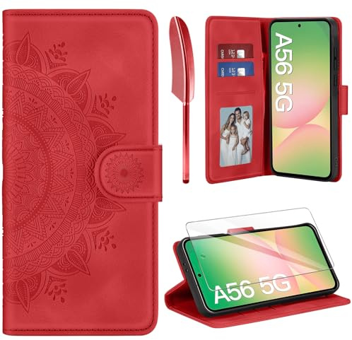 ivencase für Samsung Galaxy A56 5G Hülle und Schutzfolie, Rosenrot | Premium Klappbar Handyhülle, Magnet, Kartenfach, Ständer, PU Leder, Flip Wallet Schutzhülle
