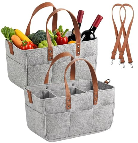 2er Filztasche mit Fächern, Einkaufstasche Filz 16L, Filztaschen Shopper, Filz Tasche, Einkaufskorb für Outdoor Trips, Picknick, Einkaufen, Grau, 38x23x18cm
