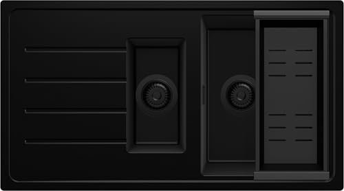 PRIMAGRAN Evier Cuisine en Granit Tout Noir 90x50cm, Lavabo 1,5 bacs + Kit de Vidage, Évier à Encastrer al mueble 60cm - Copenhague Duo