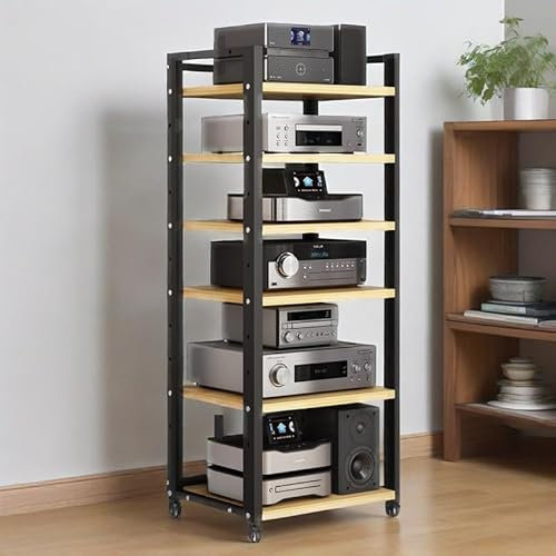 RNQZ 6 Tier Audio Rack Tower, AV Media Stand with Wheel,CD Record Player Stereo Receiver AV Equipment Cabinet Display Rack with 4 Lockable Wheels for Home,Beige