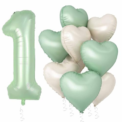 Folienballon Zahl 1 Salbeigrün, 40 Zoll Grün 1 Zahlenballon with Herz Ballon Creme Heliumfolie Luftballons Green Balloons für Mädchen Junge 1st Geburtstags Party Baby Shower Deko