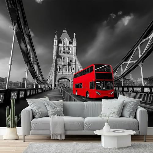 Fotomurales Puente de Londres Ciudad Retro Papel pintado tejido no tejido decoración Pared decorativos 250 x 175 cm Sala Cuarto Oficina Salón Decoración Casa Negro Rojo