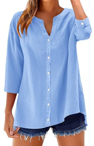 Rapbin Womens Button Down Shirt 3/4 Sleeve V Neck Top Cotton Linen Casual Blouse Roll Up Sleeves Loose(Sky Blue,XXL)