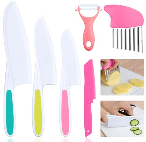 HOTUT Montessori Kitchen Tools,6Pieces Knives for Kids Nylon Kids Safe Cooking Knives Serrated Edges,Y Peeler For Cooking and Cutting Fruit,Suitable for Children and Beginners