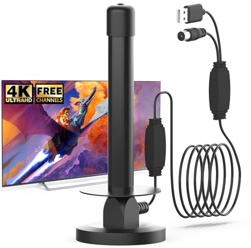 Antenna TV Interna con Amplificatore – Base Magnetica – Ricezione 360° per DVB-T/T2 – Supporto 4K e Full HD – Cavo Coassiale da 5M – Facile da Installare per TV Digitale