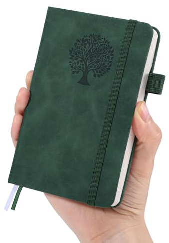 Thboxes A6 Notebook, Portable Mini Pocket Notebook 200 Pages, 100 GSM Lined Paper Notepad with 60 Pcs Labels for Work Writing, Travel & Notes, Green