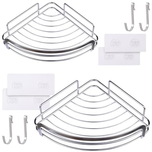BadeStern Badezimmer-Zubehör: 2er-Set Edelstahl-Duschablagen mit 4 Haken, selbstklebend, rostfrei (Duschablage für Badezimmer, Eckablage für Dusche)