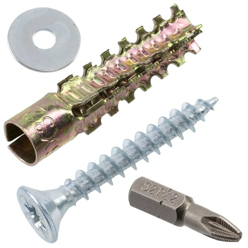 AERZETIX - Kit de 15 tacos de expansión metálicos con dentado exterior Ø6x32 mm color dorado + 15 tornillos Ø5x35 mm con rosca completa + 15 arandelas anchas para perno M5 + 1 punta PZ2