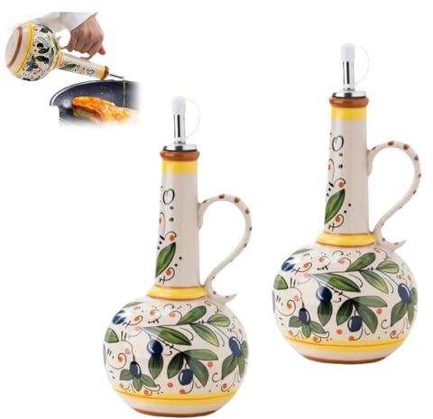 2026Ceramic Olive Oil Dispenser Bottle,23oz Hand Painted Italian Ceramic Bottle, Decorative Stoneware Dispenser with Spout for Oil, Vinegar, Coffee Syrup (2pcs)