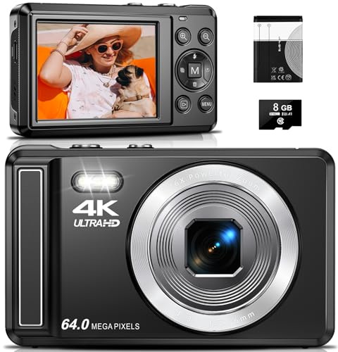 Appareil Photo Numérique Compact 4K UHD 64 MP avec Autofocus, Zoom Numérique 16X, Écran 2, 8', Carte Micro SD et Batterie Rechargeable Incluses, Webcam pour Vlogging, Débutants et Adolescents