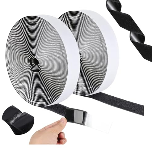 KAI KOA – Cinta de Gancho y Bucle Adhesiva Doble Cara Extrafuerte 10 m × 20 mm | Negro | Hook & Loop Tape Industrial | Ideal para Mosquiteras, Manualidades, Tapicería y Bricolaje + Caja Organizadora
