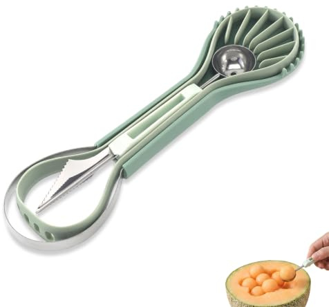 Set 6 in 1 Intaglio Frutta e Scavino per Melone in Acciaio Inox, Taglia Anguria Professionale e Scavino da Cucina per Macedonia, Gelato e Decorazioni Creative, Design Ergonomico, Verde