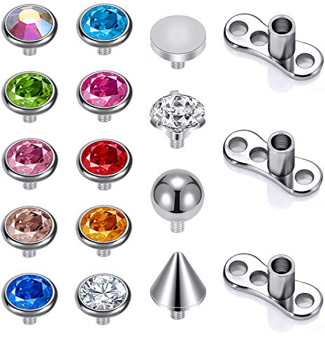 14G Chirurgischer Stahl Innengewinde Dermal Anchor Base, Mikrodermale Piercing für Frauen Männer, 14-19Pcs Cubic Zirconia Dermal Anchor Tops 2.5mm 3mm 4mm (B)