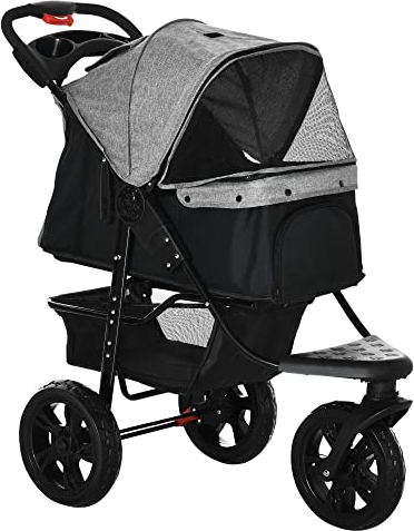 PawHut Hundewagen klappbar Hundebuggy für Hunde & Katzen bis 10 kg Katzenbuggy mit Netzfenstern Getränkbehalter Aufbewahrungskorb Katzenwagen Buggy Grau