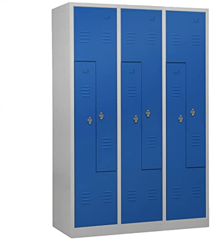 Schrank & Stuhl Spind – Metallspind in Z-Form 3 x 2 Abteilen 180 x 120 x 50 cm, Spindschrank mit Drehriegelvorrichtungen, Lieferung komplett montiert, Grau/Blau