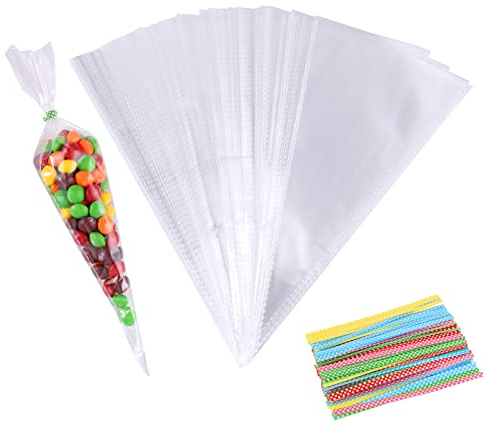100 Stück Spitztüten Transparent, 13 x 25cm Süßigkeiten Tüten mit Bindebänder Cellophantüten Süßigkeiten Tüten Candy Bar Tüten für Weihnachten Hochzeit Geburtstag