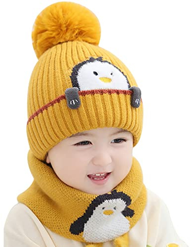 Juego de gorro y bufanda cálido para bebés, niños y niñas, de 2 a 4 años, gorro de invierno, gorro grueso con círculo, bufanda de dibujos animados, pingüino, gorro de punto con pompón, gorro de chal,