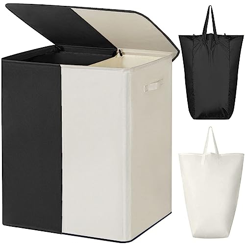 WOWLIVE 154L Double Laundry Basket with lid large washing basket and Removable Laundry Bags Large Collapsible 2 Dividers washing basket with Handles for Bedroom Laundry Room Closet (Black+Beige)