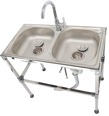 Fregadero de dos senos, con Grifo, Fregadero IndependienteComercial, Acero Inoxidable Fregadero Cocina 2 Senos, Fácil De Limpiar, Fregadero Comercial Móvil (2-75x40cm / 29.53x15.75in)