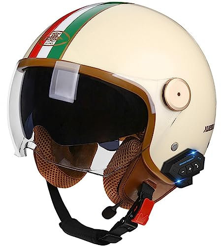 Bluetooth Jethelm Motorradhelm ECE Zertifizierung Integrierter Bluetooth-Helm Jet Scooter Helm Rollerhelm Jet-Helm Herren Damen mit Doppelvisier I,L