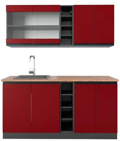 Vicco Singleküche R-Line, Rot/Anthrazit, 160 cm | 6 Module · Höhenverstellbare Füße · AP Eiche inkl. · Robuste Fronten · Mit offenen Regalen · Frei kombinierbar