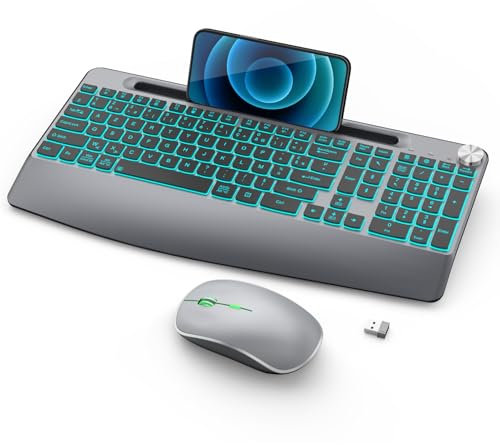 JOYACCESS Clavier Souris sans Fil, Clavier Rétroéclairé sans Fil avec Support pour Phone, Clavier Souris Rechargeable avec Repose-Poignets, pour PC, Mac, Windows - Grey et Noir