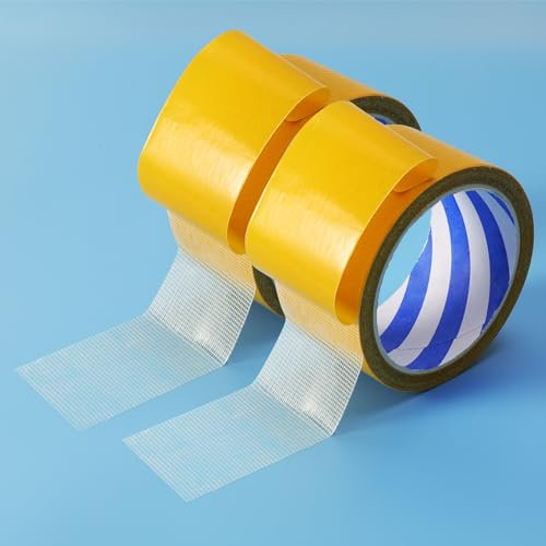 2 Pack Strong Double Sided Tape Heavy Duty, Fabric Adhesive Tape with Fiberglass Mesh, Super Sticky Double Sided Tape for Clothes, Carpet, Home, Office & School Use, 1.2 inch x 33ft Each, Total 20m