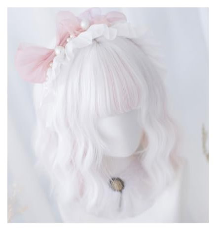 yixinzi-2024 Peluca Pelucas sintéticas de Doble Color Blanco y Rosa de 12 Pulgadas Resistentes al Calor for Cosplay con Peluca de Pelo Ondulado Natural Corto con Flequillo for Mujer Peluca Hombre