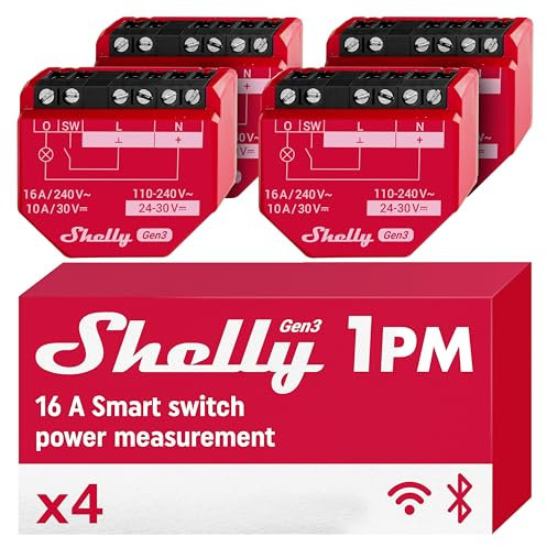 Shelly 1PM Gen3, Wi-Fi Interruttore Intelligente Relé, 1 Canale, 16А, Monitora il Consumo di Energia, Controllo Remoto e Automazione, Illuminazione, Nessun Hub Richiesto, Alexa, Google Home (4 Pezzi)