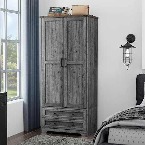 Yechen 71 Wooden Armoire Wardrobe Closet with 2 Doors & 2 Drawers, Grey