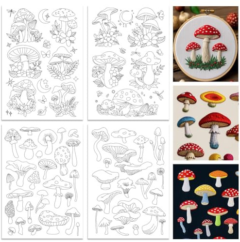 ORIGACH 4 Blatt Pilz, Mond, Stern & Blumen Stickvorlagen Wasserlöslich | Selbstklebend Wasserlöslich Stickvlies, Wasserlöslicher Stabilisator für Handstickerei, DIY Projekte, Stichübungen