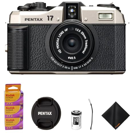 Pentax Appareil photo compact 17 avec format demi-cadre, objectif 25 mm F3.5, manuel ISO 50-3200, mise au point 6 zones, comprend un rouleau de film négatif Kodak Gold 200 couleurs de 35 mm (lot de 3)