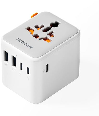 TESSAN Universal travel adapter, Travel Plug Adapter Worldwide with 1 Universal AC Outlet 5 USB Ports (3 USB C), International Plug Adaptor for UK to Europe USA Australia Ireland (Type C G A I)