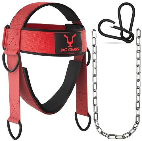 JAG GEARS Neck Trainer - Imbracatura per collo imbottita in neoprene da 7 mm con catena in acciaio regolabile da 110 cm, per allenamento del collo, imbracatura per la testa per palestra (rosso)
