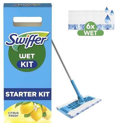 Swiffer Wet - Kit de limpieza de suelos, 1 escoba y 6 paños húmedos, limón, tamaño grande, limpia suelos, limpieza higiénica profunda, elimina la suciedad y las bacterias, para todo tipo de suelos