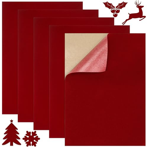 Wzone 5 Pieces Self Adhesive Velvet, 11.81×8.26in VelvetFabric, Red Velvet Self Adhesive Fabric for Jewelry Box, Drawer and DIY Crafts (30×21cm)