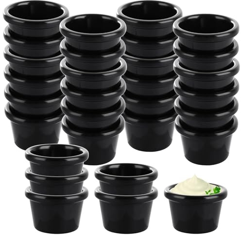 LDHHYH 30Pcs Melamine Sauce Dishes, 1.5oz Traditional Ramekins Condiment Pots (Black), Reusable Round Sauce Cups, Small Bowls for Dips, Suit for Lunch Box, Picnic and Travel