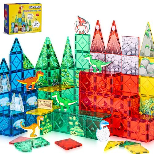 Dinosaur Magnetic Tiles Building Blocks Toys - STEM Educational Sensory Toys with Movable Dinos, Magnet Tiles Creative Games Gift for Kids Toddlers Boys Girls Ages 3-5, 4-8, 5-7, 8-12 Years Old