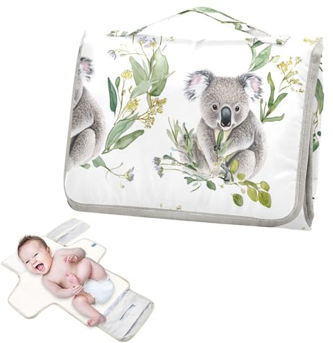 Wiederverwendbare Wickelunterlagen mit Taschentuchtasche, tragbare Wickelunterlage für Babys, mit integriertem Kissen, Koala-Weiß