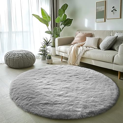 BSGIFT Grau Teppich Rund 120 cm - Shaggy Teppich Hochflor Flauschig rutschfest für Wohnzimmer Schlafzimmer Kinderzimmer - Modern Runder Langflor Fellteppich Bettvorleger