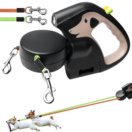 Correa doble retráctil para perros, 3 m, doble correa extensible para perros con luz LED, resistente correa para mascotas, doble correa giratoria de 360 grados, correa para perros de hasta 30 kg