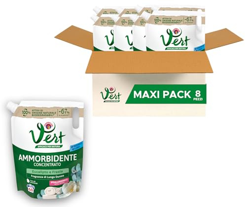 Chanteclair Vert - Ammorbidente Eucalipto e Fresia 8x1200ml 60 Lavaggi | ammorbidente concentrato, freschezza a lungo, ipoallergenico, con oli essenziali, senza coloranti