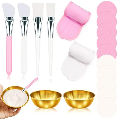 Yeria 18pcs Facial Mask Mixing Bowl & Brush Set – 2 Gold Stainless Steel Bowls, 2 Silicone Brushes, 2 Fan Brushes, 2 Spa Headbands & 10 Compressed Facial Sponges – Professional Spa Face Kit for Home