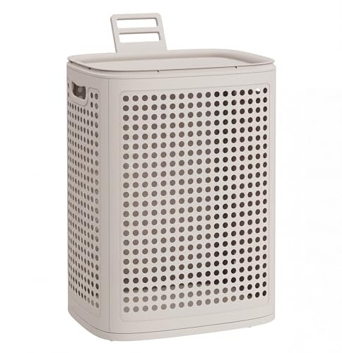 SONGMICS Cesto Portabiancheria con Coperchio, Cesta Portabiancheria Sporca in Plastica, 75 L, Porta Biancheria Slim, Bagno Lavanderia Camera da Letto, Beige Cappuccino RLH021L101