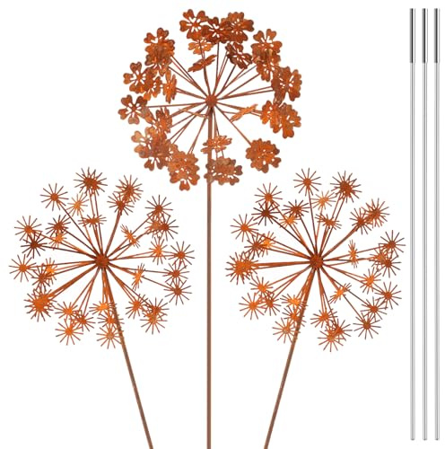 Sutowe 3Pcs Metal Dandelion Garden Stake, 70 cm Vintage Metal Flower Garden Decor Outdoor Decoration Easy Installation for Plants and Small Decorations, Ideal for Garden Enthusiasts(Style 1)