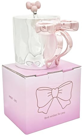 LCSHENGMIN 350 ml Keramik Tasse with Schleife, Elegant Schleifen Tasse med Griff, Bezaubernde Schleifenbecher, för kvinnor Freundin Mama Kollegin (rosa)