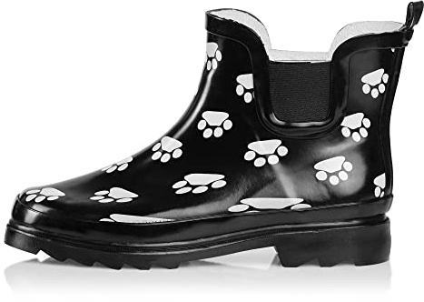 NORTY - Womens Ankle Rain Boots - Ladies Waterproof Winter Spring Garden Boot runs ½ size large Paw Black White Size 8