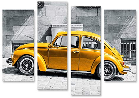 islandburner Bild Bilder auf Leinwand Käfer Vintage Beetle Gelb vor Schwarz Weißem Hintergrund Wandbild, Poster, Leinwandbild MRR