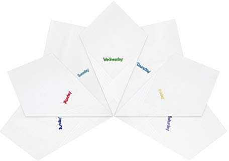 Taschentücher für Herren / Herren, bestickt, Wochentage mit Satinstreifen, 100 % Baumwolle, 40 x 40 cm, 7 Stück, weiß, Einheitsgröße