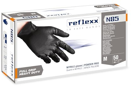 Reflexx N85B/M Guanti in Nitrile Senza Polvere, Neri, Full Grip – gr. 8,4 (M) Ultra resistenti